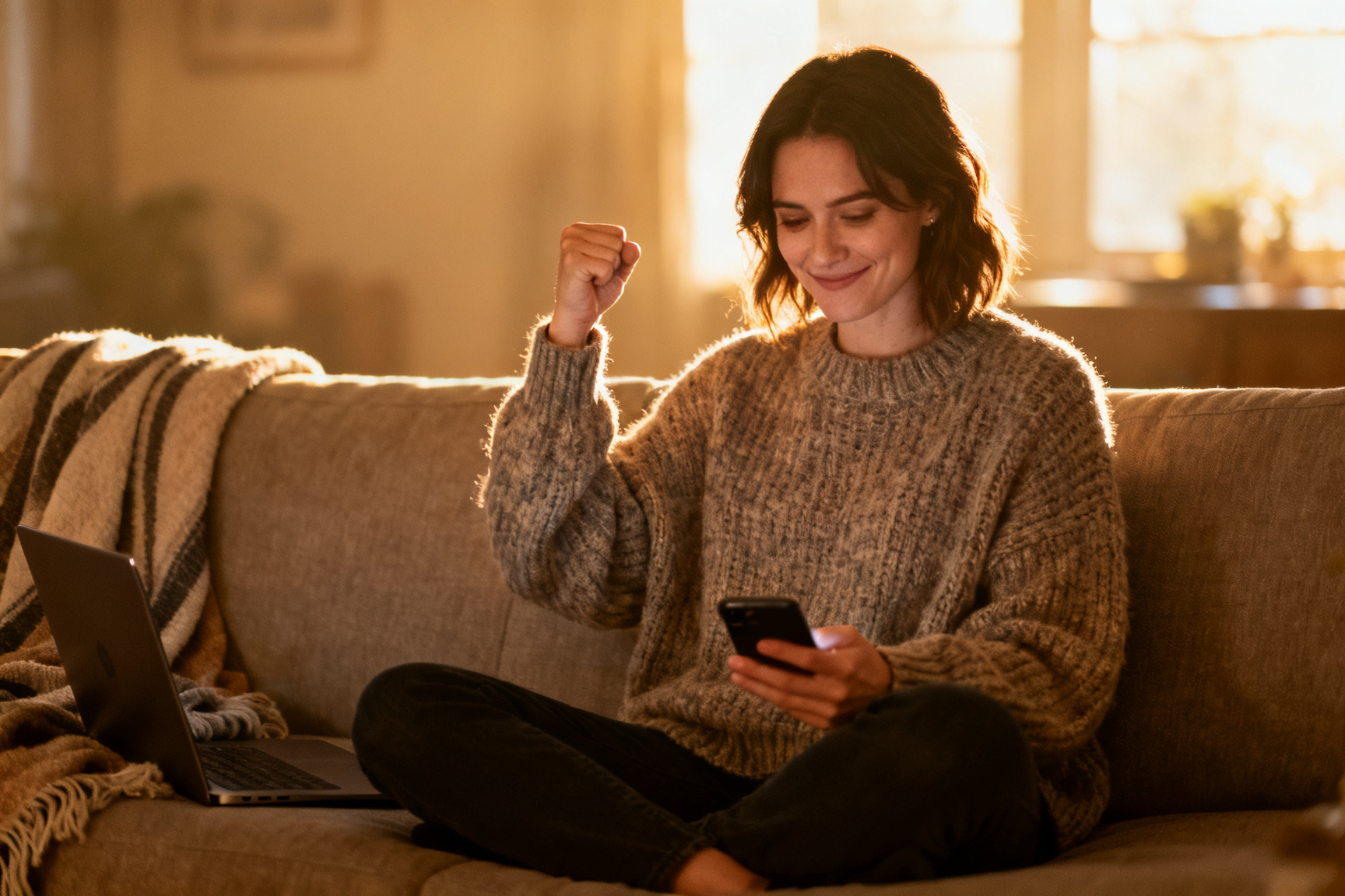 A woman on her couch punching the air in quiet triumph after cancelling unused subscriptions