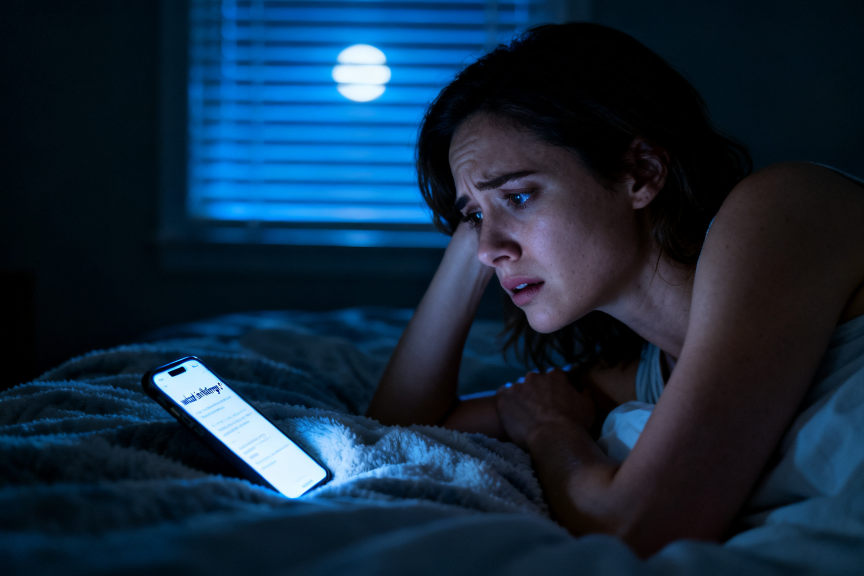 A woman lying in bed at night, worried by a glowing charge notification on her phone